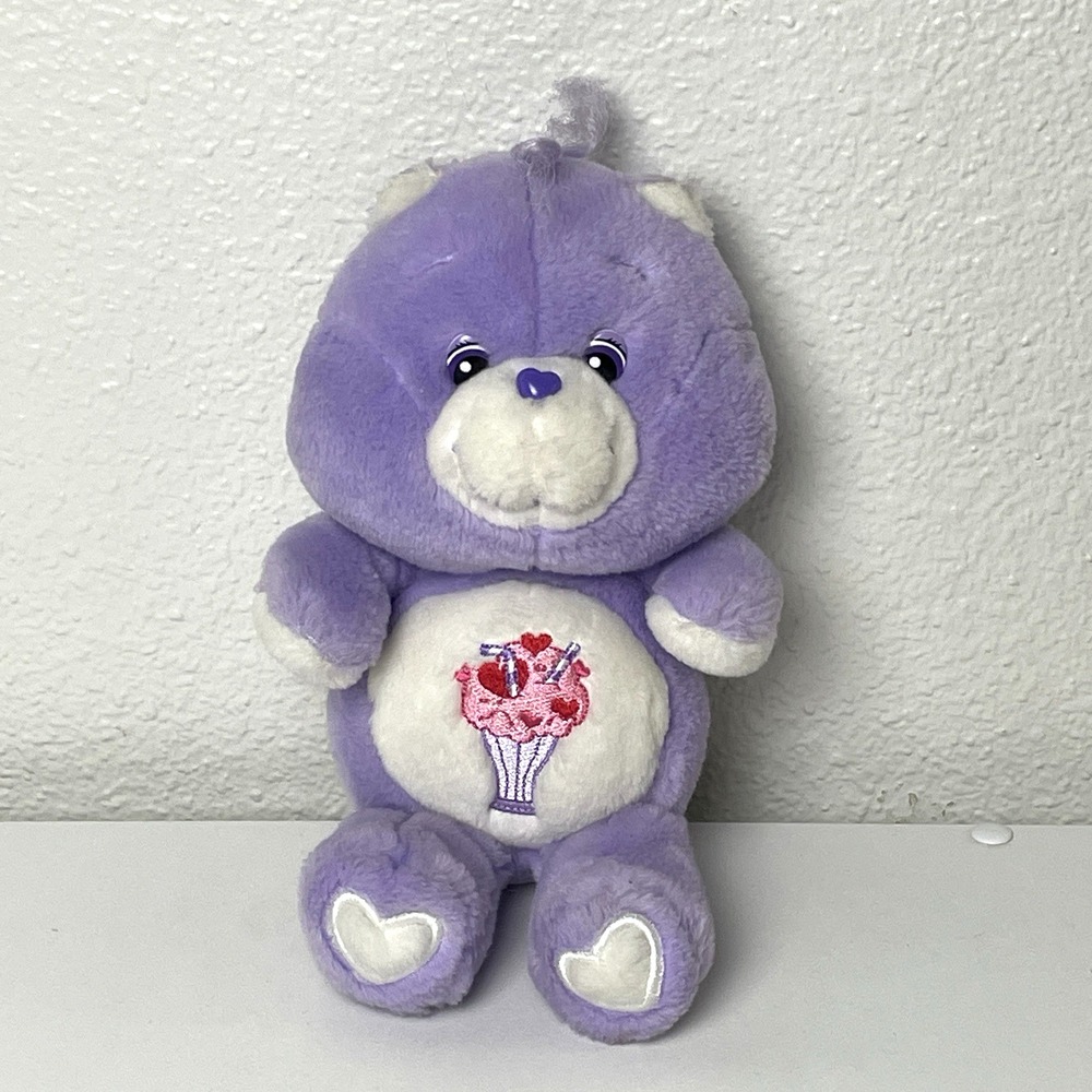 Vintage 2002 Care Bears Share Bear 10" Purple Plush Milkshake Belly Badge